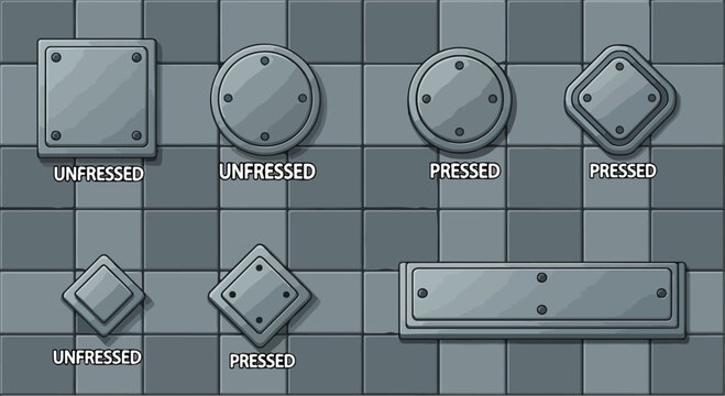 Industrial metal game buttons set, gray steel UI elements in pressed and unpressed states, metallic sci-fi interface panels for gaming apps