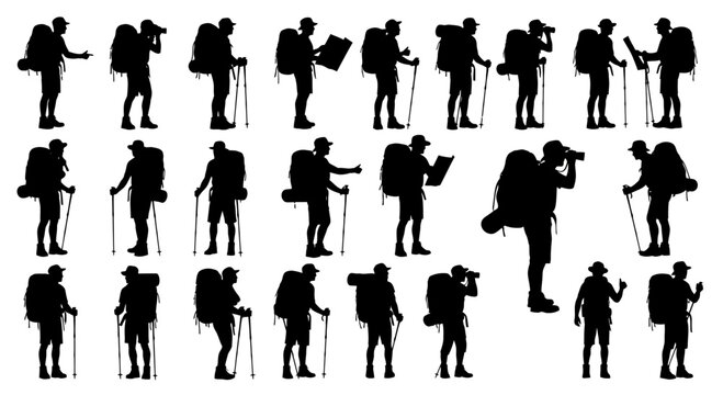 Silhouettes of Backpackers Exploring with Trekking Poles and Maps