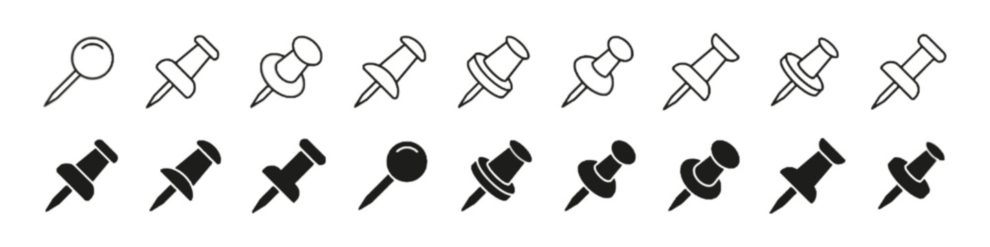 Push Pin Icon Set in Outline and Solid Black Styles