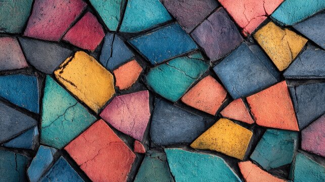 Vibrant, cracked mosaic of geometric tile fragments