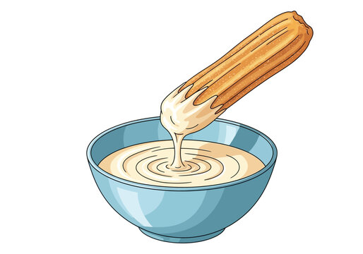 Golden churro dipped in creamy white sauce in a blue bowl, isolated on transparent background