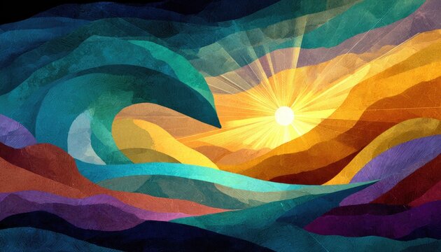 Luminous sunburst behind colorful, textured abstract waves