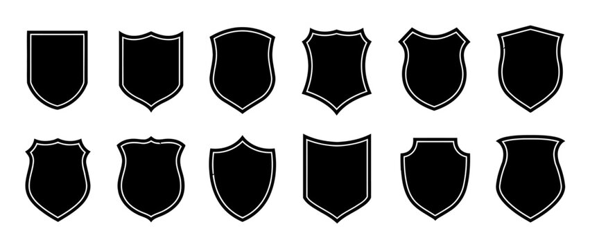 Set of 12 black shield icons for heraldic logo and badge design