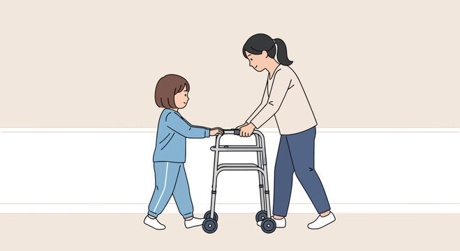 Mother helping child learn to walk with a walker, physical therapy, support, care