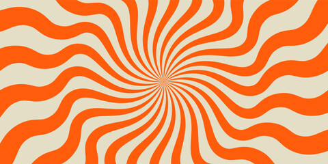Retro red background with vintage circus sunburst. Psychedelic colorful swirl poster, abstract pattern in 70s carnival style. Hypnotic sunburst vector illustration. © khoimuddin
