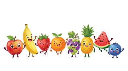 Naklejka premium Cute happy cartoon fruits standing together in a row against a plain white background area