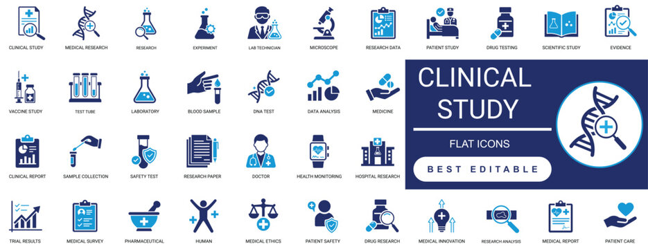 clinical study  icon set. research, laboratory, medical, trial, science, experiment, analysis, review, study, question, result, dosage, healthcare. editable solid glyph vector illustration.