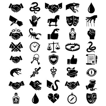 Business fraud deception and cyber betrayal silhouette icons pack. Black vector symbols set of handshake with hidden knife, trojan horse, venomous snake, and puppet master strings
