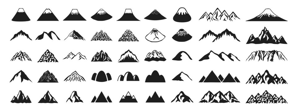 Set of black mountain icons and peaks for outdoor adventure logos