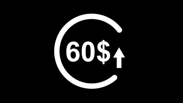 Dynamic 60 dollar price increase animation with rising arrow for financial growth, e-commerce sales, revenue profitability, and marketing business data visualization