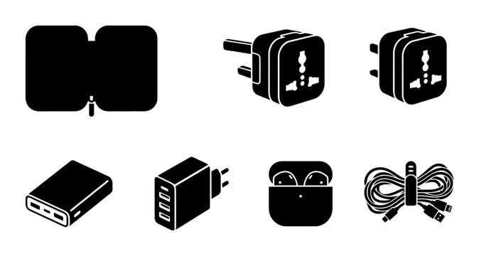 Universal Travel Adapters, Power Banks, and Earbuds Icons Set: Electrical Plugs, Chargers, and Accessories for Global Connectivity