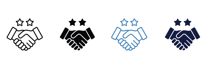 Obraz premium Handshake With Stars Pictogram Icon Set, Best Partnership and Client Review Symbols for Business Communication, Support and Collaboration Concept, Editable Stroke Line.