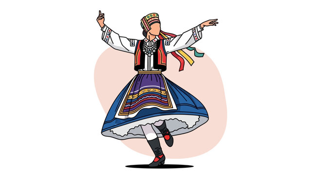 Traditional Greek dancer in colorful costume performing folk dance