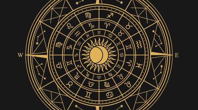 Golden astrology zodiac wheel chart design.
