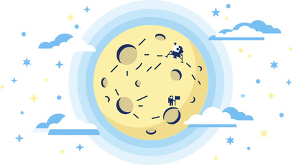 Exploring the lunar surface with a telescope under a starry sky surrounded by fluffy clouds, representing space exploration and wonder © Randomic Dgitals