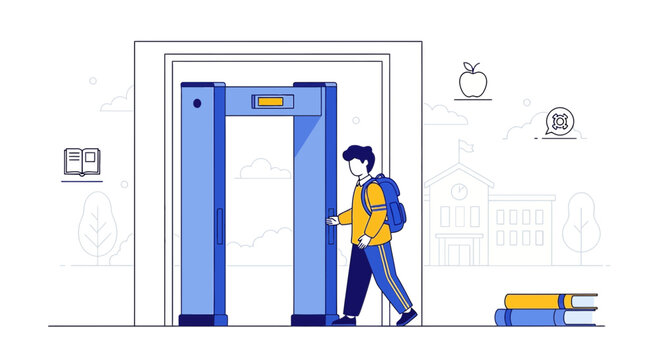 Student passing through security scanner at school entrance, education safety