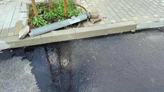 Water collects on the street near a drainage pipe that is tilted. Grass and a tree are visible next to the curb. The scene shows rainwater runoff in an urban area.