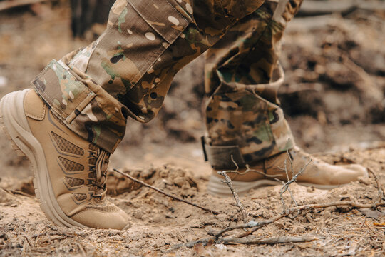 Armed Forces of Ukraine. Ukrainian soldier. Brown military boots