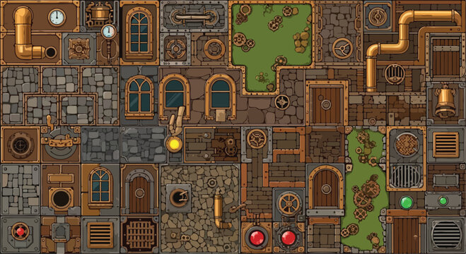 Steampunk pixel art game tileset, industrial fantasy dungeon map creator, vintage brass pipes and stone floor textures for RPG level design