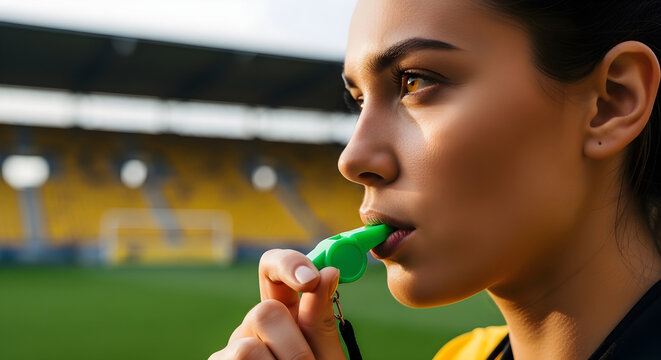Female referee blowing a green whistle on a sports field.