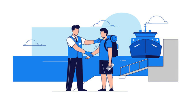 Traveler shakes hand with port agent, embarking on sea voyage with ferry.
