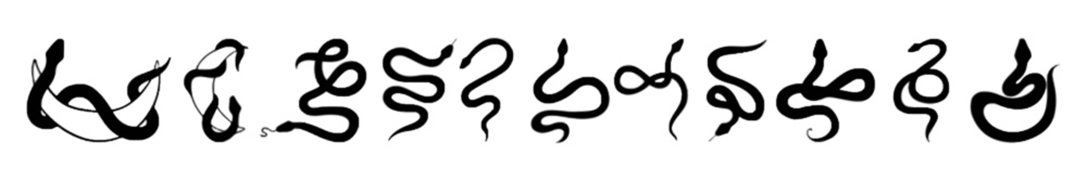 Set of black snake silhouettes in various coiled and slithering poses