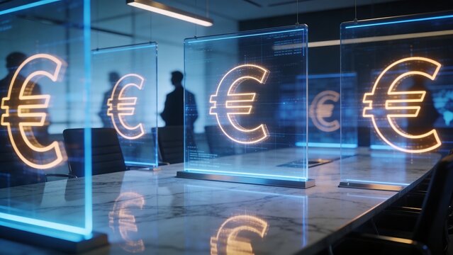 Generative AI visuals depicting digital euro symbols in a futuristic financial environment