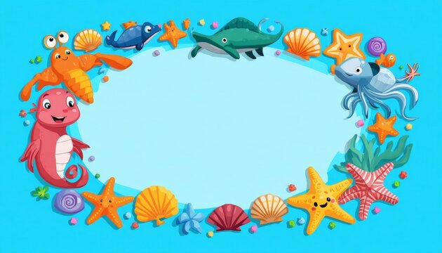 An image of a round frame with sea animals and seashells on a blue background