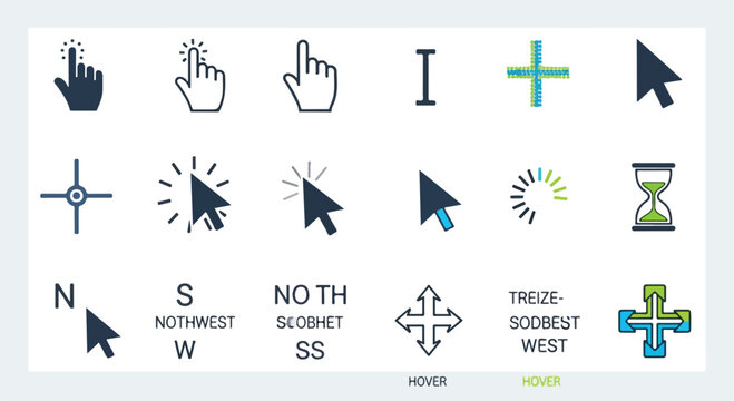Modern computer cursor icons set, digital mouse pointer collection for web interface, 15 vector arrow and hand clicker symbols for UI design