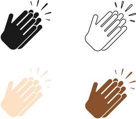 Fototapeta premium Clapping hands vector icons set with different skin tones outline and black silhouette styles