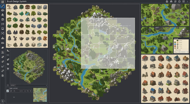 Isometric fantasy map creator kit, hexagonal world builder assets for game design, medieval landscape vector icons with mountains and forests