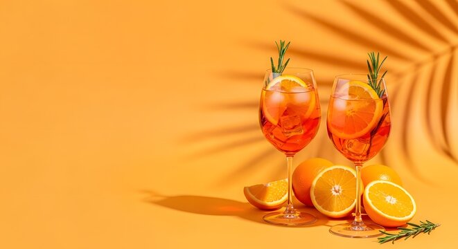 Two Aperol Spritz Cocktails in Wine Glasses with Fresh Oranges 
and Rosemary on Orange Background with Palm Leaf Shadow