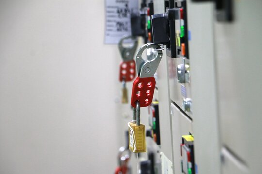 Lockout Tagout , Electrical safety system.Key lock switch or circuit breaker for safety protect.in electric room	
