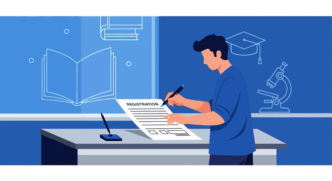 Student fills out test paper at desk with educational icons, learning concept