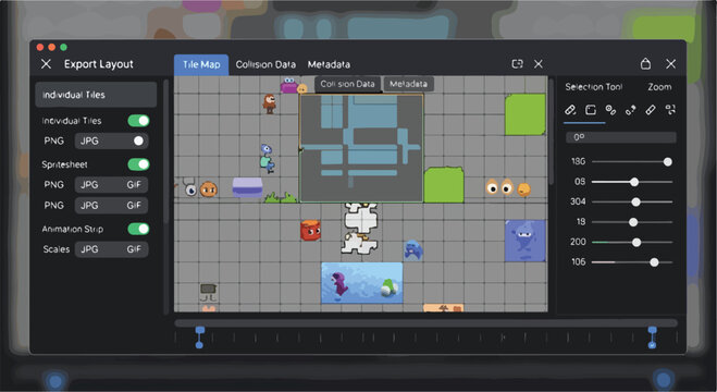 Game development software interface for export layout, pixel art level editor with tile map and sprites, digital game design workspace