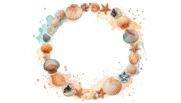 There is a circle made out of seashells on a white background