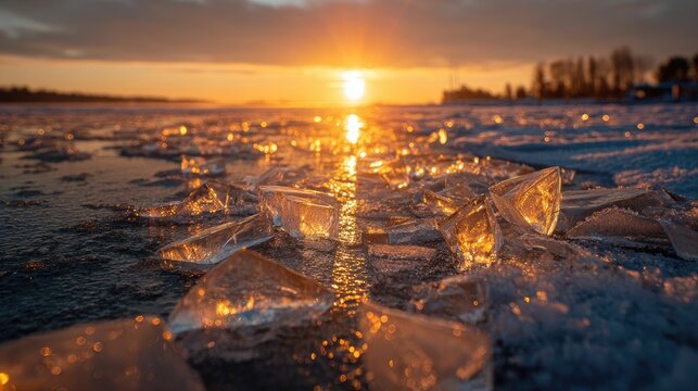 Glistening ice fragments reflect warm sunset light across icy ground