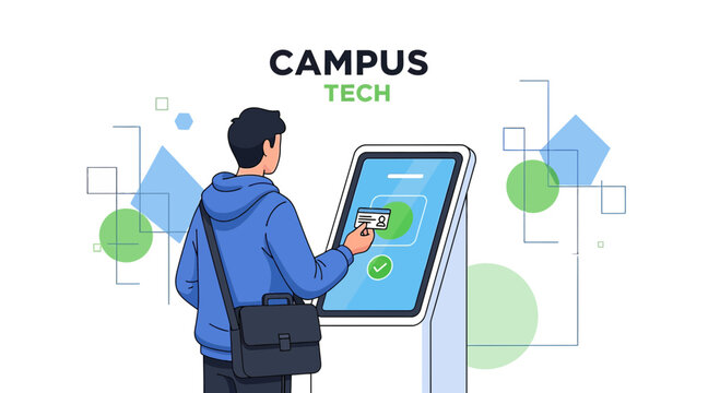 Student interacting with campus technology kiosk for access or information