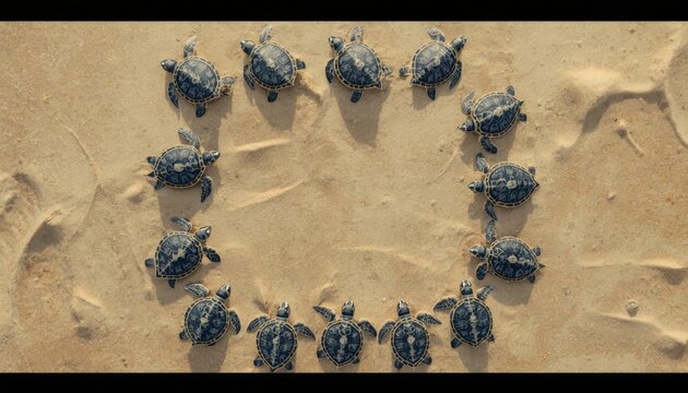 There are many turtles that are arranged in a circle on the sand