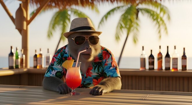 Funny monkey wearing sunglasses, straw hat and tropical Hawaiian shirt sitting at beach bar with cocktail drink at sunset