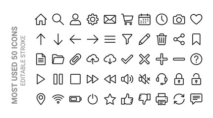 Minimalist line icons set of 50 most used interface symbols. Editable stroke vector icons for web and mobile UI design. Black outline graphic elements. © Iconify Studio