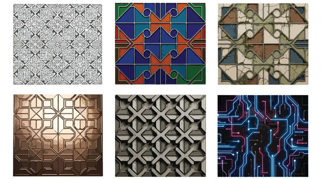 Geometric seamless pattern collection, 6 vector textures with architectural and tech styles, decorative mosaic and circuit board backgrounds