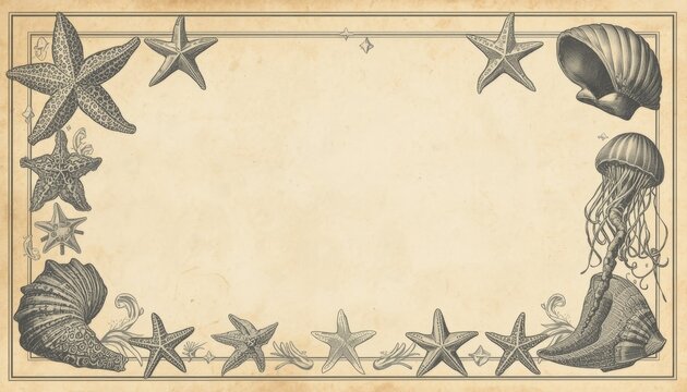 There is a picture of a frame with shells and starfishs on it