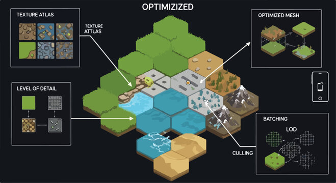Isometric game map optimization vector, hex tile terrain level design, technical diagram for mobile development and texture atlas rendering