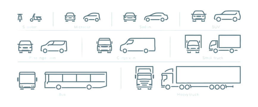 Set of minimalist line art vehicle icons on a white background