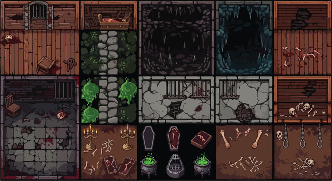 Pixel art dungeon tileset, retro 8-bit game environment assets, dark fantasy medieval castle interior with skeletons and coffins vector