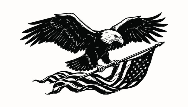 Bald eagle flying while clutching a patriotic flag banner in black and white vector style