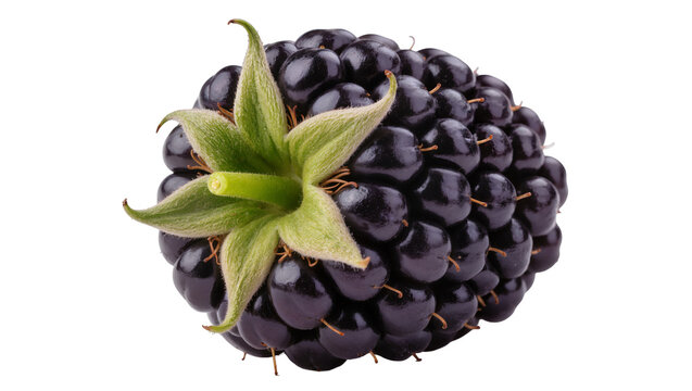 Ripe blackberry with green sepals and stem