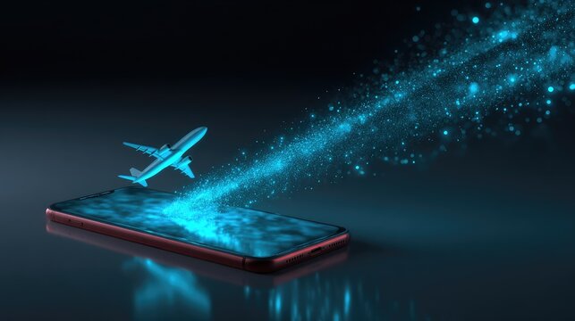 Plane launching from glowing smartphone screen, digital trail
