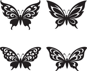 Fototapeta premium Black and White Butterfly Silhouette Ornaments Vector Set, Tribal Butterfly Tattoo Design Elements